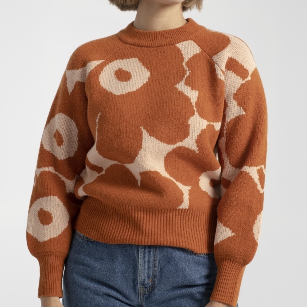 BiBi Orange Cream Floral Chunky Knit Sweater Lagenlook Cottagecore Warm Cozy Top